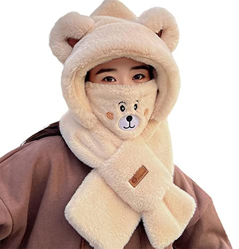 G-LIKE Winter Kapuze Schal Maske – 3er Set All-in-One Plüsch Mütze Halstuch Mundschutz Wärmer für Kopf Hals Gesicht Warme Kopfbedeckung mit Bärenohren Winddicht Kuschelig für Damen Mädchen (Beige)