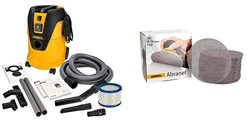 Mirka Dust Extractor 1025 L PC EU 230 V + Accs. Kit 230V, Noir/Jaune, 530mm, 1000 W & Abranet Disques abrasifs Filet Ø 150 mm Velcro/Grain P120 / 50 pcs/pour poncer Le Bois, Le Mastic, la Peinture