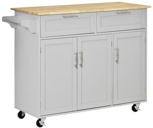 HOMCOM Isla de Cocina con Ruedas Carro de Cocina Mueble Auxiliar de Cocina con 2 Cajones 3 Puertas y Barra Lateral para Comedor 121x46x91 cm Gris