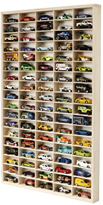 DECOCRAFT Display Cabinet Compatible with Hot Wheels Lorry Design – Toy Storage Shelves with 90 Slots – Heavy Duty Wooden Cube Storage Box – Modern Design
