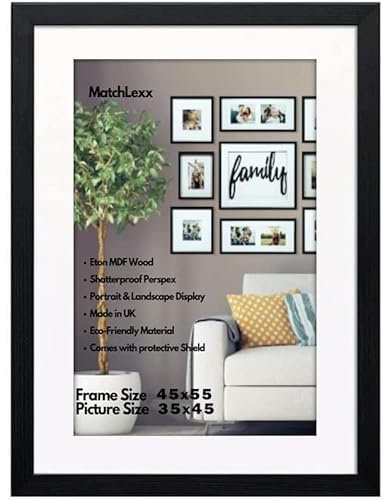 MatchLexx® Black | Poster Pictures Frame 45 x 55 cm With White Mount 35x45cm Photo Frame | Acrylic Backing & Hanging Hardware Decor | Wall & Tabletop Wooden Frame Horizontal & Vertical