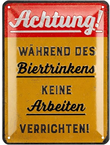LANOLU Blechschild retro BITTE WÄHREND DES BIERTRINKENS KEINE ARBEITEN VERRICHTEN - Schild Werkstatt Deko Hausordnung, KFZ Mechaniker vintage Metallschild 15x20cm