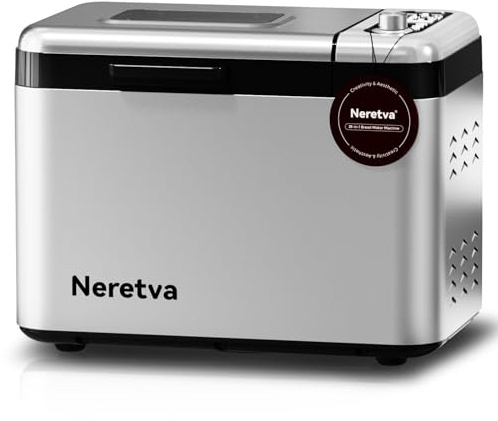 Neretva Bread Maker, 3.3LB Larger Bread Machine 15-in-1 Stainless Steel & Nonstick Ceramic Pan & Auto Nut Dispenser Breadmaker Machines Full Touch Panel with Gluten Free White Wheat Rye French Pizza