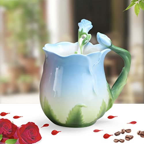 MOEENS Tazzine Da Caffè,Caffe Con Piattino Mugullo di caffè in ceramica smalto Creativo 3D Rose Flower Shape Teacups Pastoral 4 colori Colazione Tazze di latte con cucchiaio Decorata (Color : Blue)