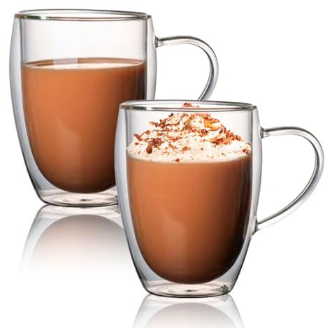 SPORWAY Vasos de café de doble pared, 350 ml, 2 unidades de tazas de capuchino, vasos de café latte macchiato, vasos de té con asa, vasos de doble pared, aptos para lavavajillas,DA-KFB