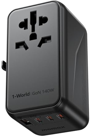 MOMAX 140W Universal Travel Adapter, GaN Technology, EU/UK/AUS/US/JP Worldwide, Fast Charging for iPhone, MacBook pro, Vision Pro, Charging Cable Included