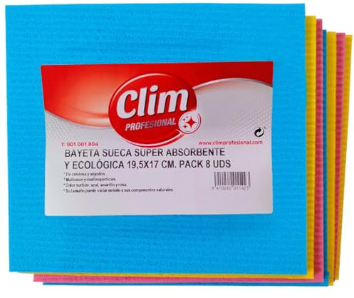 Clim Profesional - 8 Bayeta Sueca Extra Absorbentes y Ecológicas | Paquete 8 paños Multicolores: Azul, Amarillo y Rosa | De Celulosa y Algodón para Multisuperficies