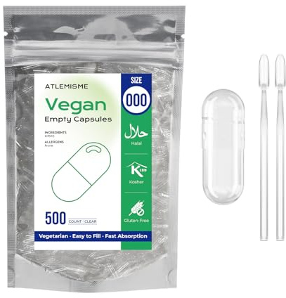 Size 000 Empty Capsules 500 Count Clear Empty Vegetarian Capsules with 2 Spoons, Kosher, Halal, Gluten Free and Non GMO Certified. Pill Capsule Adapted to Capsule Filling Machine