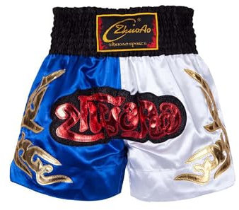 FEESHOW Barn, pojkar, MMA-boxshorts, muay thailändsk fight, shorts, burstrippling, kampsport, kickboxing, shorts, träningsbyxor, retroshorts, Blå och vit, 146-152