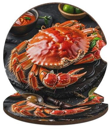 Lot de 2 dessous de verre de voiture Jumbo en forme de crabe - Dessous de verre antidérapants - Absorbants - En bois - Universels - Accessoires d'intérieur de voiture - Pour la plupart des véhicules