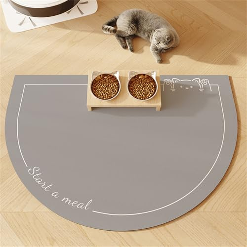 Hearda Futtermatte Hund Saugfähig, Halbkreis Form Katzen Futternapf Unterlage Napfunterlage Hund Futternapf Matte rutschfest Haustier Futtermatte Unterlage Katzennapf (50x60cm,Hellgrau)