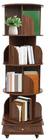 TouTToNG Drehbares Bücherregal Bookregal 4 Etagen Standregal auf Rädern, 360° frei drehbar Drehregal für Buch Display Organizer 46 * 46 * 142cm (Nuss-braun)