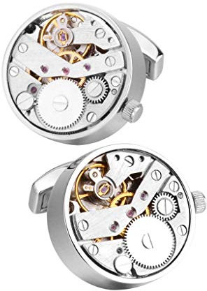 Manschettenknöpfe mit mechanischem Uhrwerk für Herren-Hemdmanschette, funktionale Uhrwerk-Manschette (Farbe: Silber)