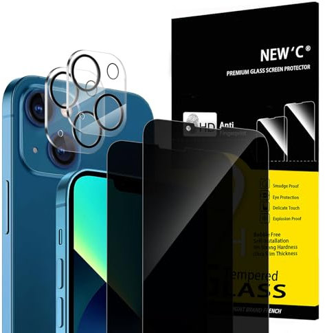 NEW'C 2x Pellicola Protettiva Privacy per iPhone 13 (6,1 Pollici) e 2x Pellicola Vetro Protettiva Fotocamera Posteriore-Angolo di Privacy 28 Gradi Migliorato-Ultra resistente-Trasparente HD