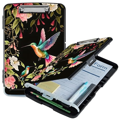 RWUTYTIUL Klemmbrett mit Blumen-Kolibri, A4, mit Aufbewahrung, Stifthalter, Klemmbretter, Organizer, Still-Klemmbrett, faltbarer Aktenordner, Kunststoff-Klemmbrett, Folio-Clipboard für Büro, Studenten
