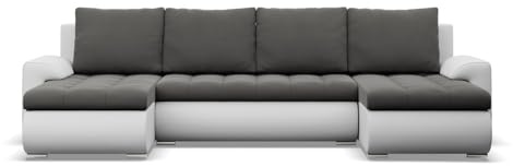 Mebligo - Ecksofa mit Schlaffunktion und 3 Bettkasten FORESTA 302x89x159 (BxHxT) Dunkelgrau + Weiß - Couch U Form, Sofa im Sitz: Wellenfeder + Schaumstoff, Sofas & Couches, Eckcouch