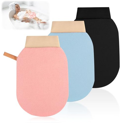 3 Stück Peelinghandschuh, Tiefenpeeling Exfoliating Gloves aus héichqualitativ Faser, Doppelseitiger Kese Handschuh, Peelinghandschuh Körper für Körper und Gesicht