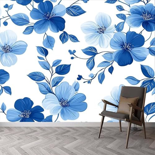 Fotomurales Decorativos Flores Azules Papel Pintado 300x210 cm 3D Mural Flores de Cerezo Murales Póster Pared No Tejido Dormitorio Salón Paredes Decoración Fotomural Panorámico q.455