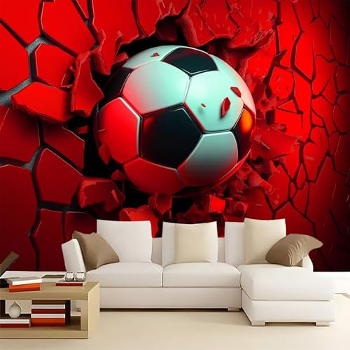 Fotomurales no tejido Fútbol con grietas en la pared roja 250x175 cm Papel Pintado Decoración de Pared Murales póster efecto 3D, Decorativos Murales para Dormitorio Salón TV Pared