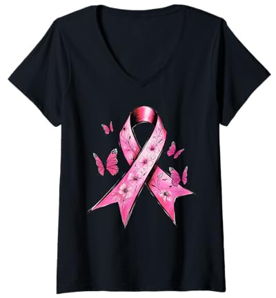 Femme Octobre Rose Ruban Rose Lutte Contre Le Cancer du Sein T-Shirt avec Col en V
