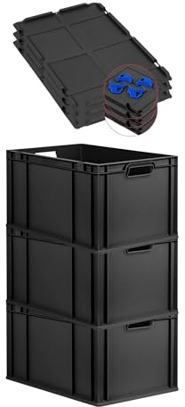 PROREGAL SuperSparSet 3x Eurobox NextGen Grip mit Auflagedeckel & 4 blauen Schiebeschnappverschlüssen, HxBxT 32x40x60cm, 65L, Schwarz, Griffe offen, Eurobehälter, Transportbox, Transportbehälter