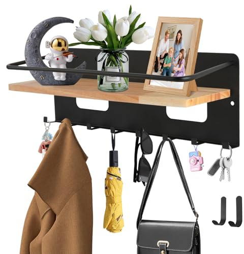 GEEKHOM Schlüsselbrett mit Ablage & 8 Haken – Holz Schlüsselhalter Wandmontage (Bohren) – Modern Schlüssel Aufbewahrung Wand Organizer Inkl. 2 Klebehaken für Flur, Küche, Eingangsbereich (schwarz)