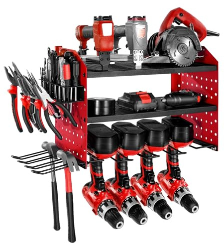 VEVOR Organiseur mural pour outils électriques, support de rangement à 3 niveaux avec 4 supports de perceuse, porte-outils avec panneaux perforés latéraux, étagère à outils pour garage et atelier