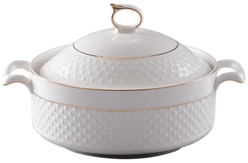 Cerámica de sopa de treen, 1.5L para servir blancos con borde dorado de doble manija tureen con tapa y cucharón para pasta, con tapa y cucharón