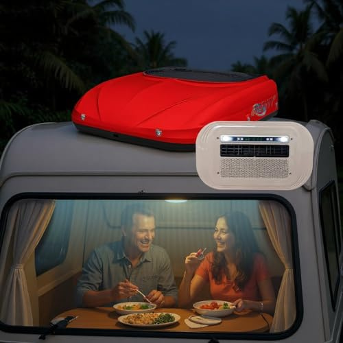 Aire acondicionado para caravanas y autocaravanas 12V 24V, ultrafino,pantalla de temperatura, enfriamiento rápido de todo el vehículo en 8 minutos,tamaño de instalación: 25x35cm a 38x42cm 72Vred