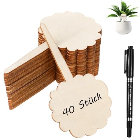 40 Stück Pflanzenschilder Zum Beschriften Mit Stift(Kreisförmig） | Pflanzschilder für Draussen Wetterfeste Holzetiketten, Gartenzubehör für Draußen Pflanzschilder für Kräutergarten Blumenbeet