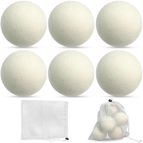 6 Stück Trocknerbälle für Wäschetrockner, Ø 8cm Schafswolle Trocknerkugeln, Natürlicher Weichspüler Waschbälle, für Wäsche trockner, Spart Trocknungszeit, 100% Öko Schafwolle, mit 25*30 cm Beutel
