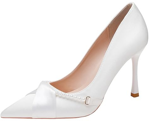 Breda passande brudskor dam satin pärlspänne medelhög stilettklack spetsig tå slip-on pumps för bröllop bankett och dagligt bruk, Vit, 37 EU