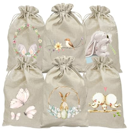 6 Ostertüten Zum Befüllen, 30cm x 20cm Jutesäckchen Ostertüte mit Kordelzug | Geschenktüten Jute, mit Kordelzug, 6 Designs Osterhase Geschenktüte, für DIY Osterdeko Ostergeschenke Ostereier Zum Befüllen