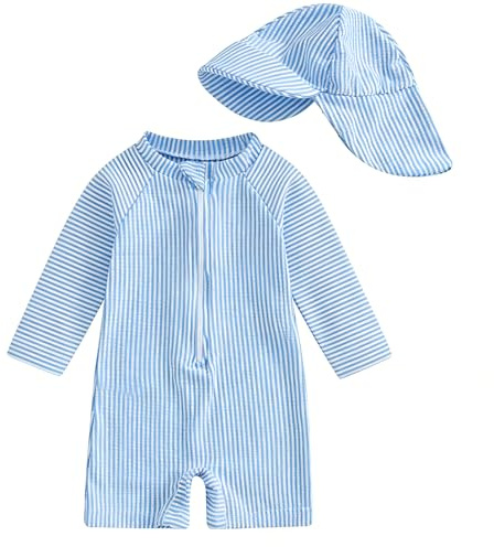 JiAmy Baby Boys Swimming Costume with Sun Hat Long Sleeve Zip Up Rash Guard Sun Protection Beach Infant Toddler Baby Swimsuit One Piece Bathing Suits Blue Striped 1-2 Years