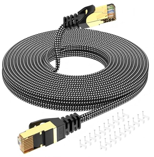 LLQINV CAT 8 Ethernet Cable 20m, Flat Braided 40Gbps 2000MHz RJ45 Network Cable with 20 Wall Clips for Gaming, PS5, Xbox, Router, Modem, PC, Smart TV