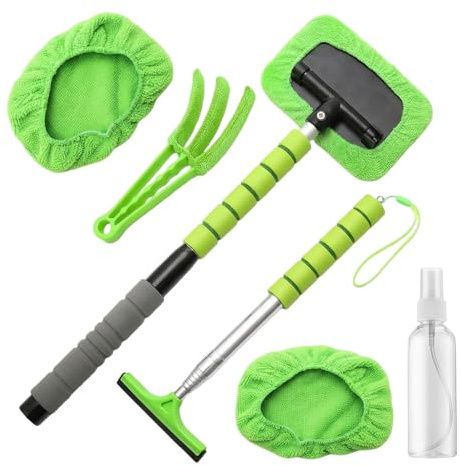 Vervora Car Windscreen Cleaner Tool, Telescopic Window Brush Interior Retractable Side Mirror Squeegee Wiper Anti-Fog Demister Wand with 2 Microfiber Pads Spray Bottle Air Vent Duster Kit (Green)