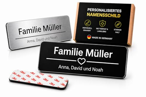 Personalisiertes Namensschild selbstklebend 1/2er Set – Klingelschild & Türschild mit Gravur – Namensschild Briefkasten & Haustür wetterfest – Türschild personalisiert ohne Bohren mit Herz/Stich (1)