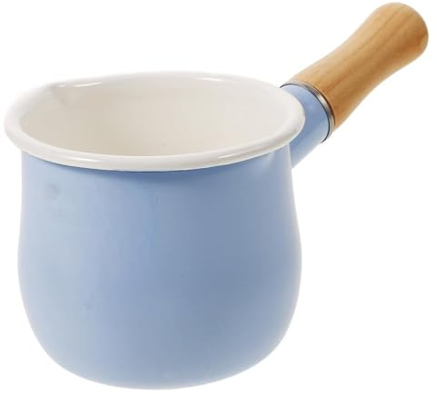 Small Sauce Pan, Small Sauce Pan Enamel Milk Pot with Wooden Handle, Gas & Induction Compatible, Sky Blue, 10cm/3.94inch, pots for Cooking