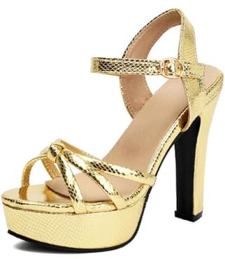 Générique Femmes Métallique Imprimé Peau De Serpent Bout Ouvert Sandales Plateforme Talon Bloc Épais Lanières Croisées Boucle Cheville Réglable Escarpins Dessus