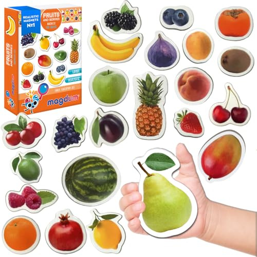 Magdum Kühlschrankmagnete für Kinder – Große 25 Früchte & Beeren – Lernset | Realistisches Küchen set für Kühlschrank, Whiteboard - Montessori Lernspielzeug für Vorschule, Zuhause - Geschenk für Kinder