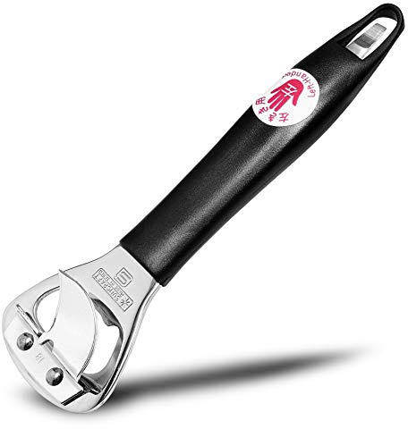 Seki Japan Hand Held Manual Can Opener, Heavy Duty Stainless Steel Bottle Opener, 5.9 Black Plastic Handle for Left-handed
