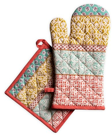 Maison d' Hermine 100% Cotton Oven Mitt & Pot Holder Set (19 x 33 cm & 20 x 20 cm) Heat Resistant BBQ Cooking Gloves with Loop for Baking Handling Hot Pans Spring Summer (Provence)