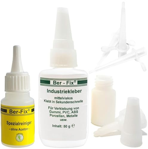 Ber-Fix® Industriekleber mittelflüssig – Universal 50g + Leerflasche | inkl. 3 Dosierspitzen, mit Reiniger; CA-Kleber für präzise Reparaturen; 10-25 Sekunden;
