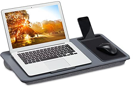 Relaxdays Laptopkissen mit Mauspad, BxT: 57,5 x 30 cm, Antirutsch-Streifen, Tragegriff, Kissentablett Bett & Sofa, grau