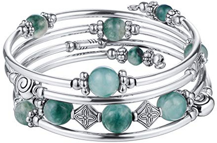Bulinlin Damen Wickelarmband aus Natur Achat Stein Mehrschichtiges Perlen Silber Armkette Valentinstag Modeschmuck Geschenk