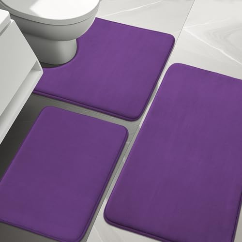 YIHOUSE Badteppich-Set, 3-teilig, Memory-Schaum, rutschfest, super saugfähig, weich, maschinenwaschbar für Waschbecken, Badewanne, Dusche und WC, Lila