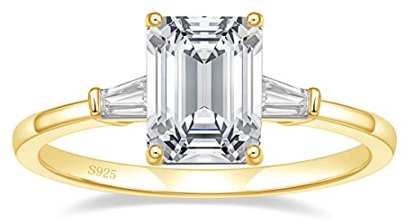 EAMTI 3CT 925 Sterling Silver 14K Gold Plated Engagement Rings 3-Stone Emerald Cut Cubic Zirconia CZ Wedding Promise Rings for Her Wedding Bands for Women Size 4.5
