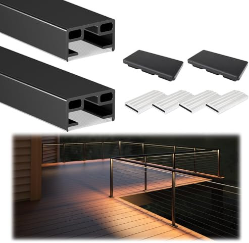 Muzata Upgraded 2Pack 6'6 Aluminum Black LED Handrail Rectangular Cable Railing Handrail for Cable Railing System Top Rail Deck Stair Indoor Outdoor Length Adjustable with User Guide HL12 BPA