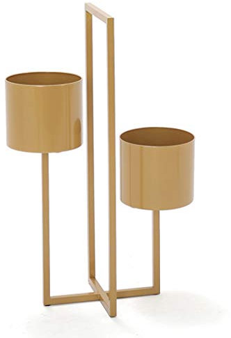 FLBT Pflanzenständer Moderner Blumentopfhalter Blumenständer Schmiedeeisen mit 2 Blumeneimern Balkon Bodenstehender Pflanzenständer Gartenblumenständer, Gold Perfekte Dekoration (Color : Gold)