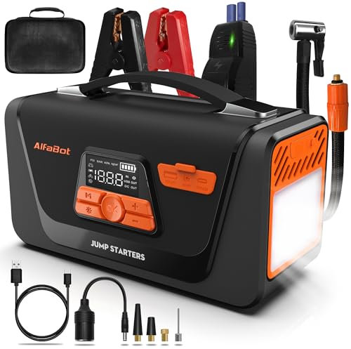 AlfaBot Q4 Starthilfe Powerbank, 4000A Spitzenstrom Booster Auto Starthilfe für 12V Diesel und Benzinmotoren, Jumpstarter mit Luftkompressor, LED-Licht, Starthilfekabel